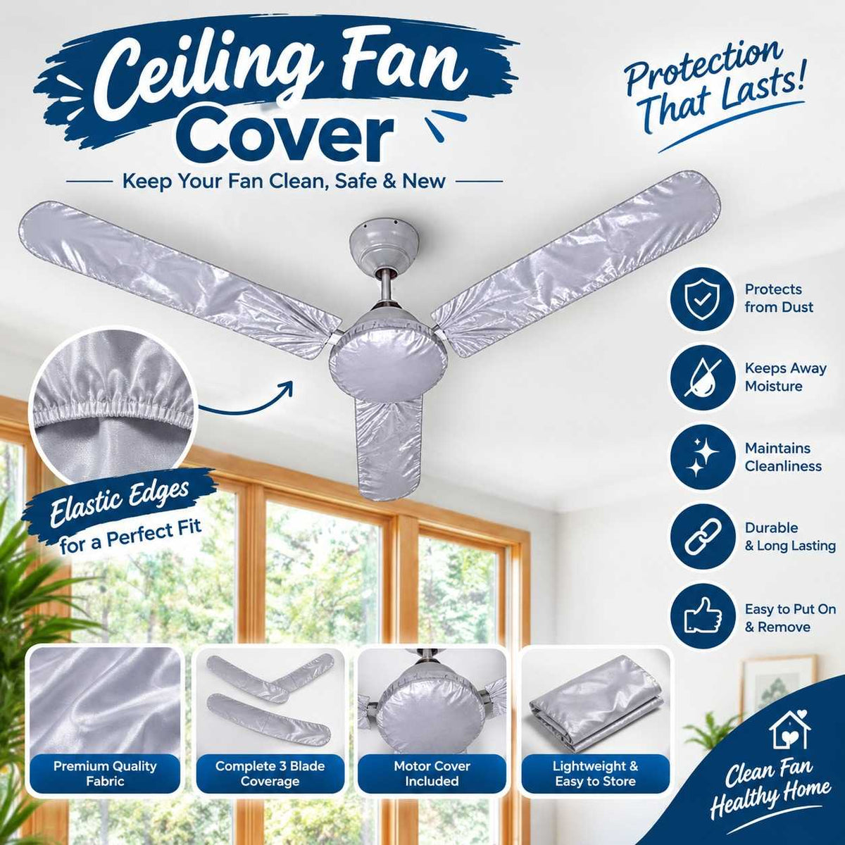 Dustproof Parachute Fabric Ceiling Fan Cover Set – 3 Blade Covers + 1 Motor Cover