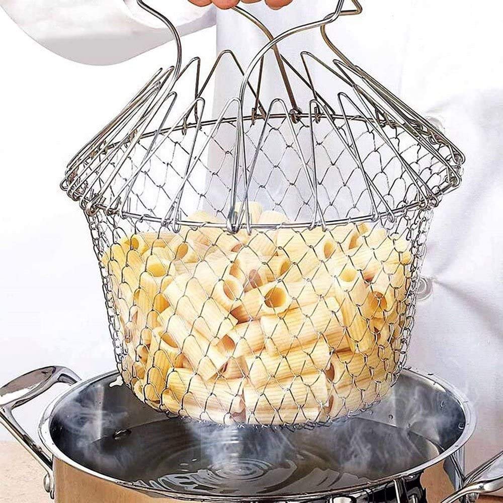 Stainless Steel Multi-Functional Foldable Chef Basket – Deluxe Kitchen Colander, Mesh Steam, Rinse, Strain & Fry Basket