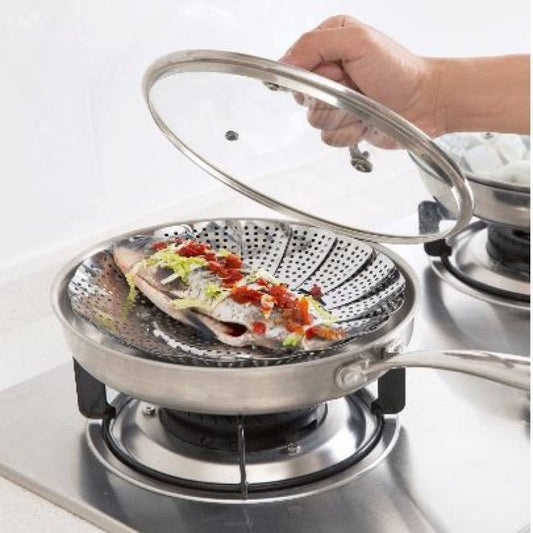 Multifunctional Stainless Cooking Steamer Foldable Kitchen Steamer Plate Anti-Scald Steamer Basket Deep Fryer Pot Strainer