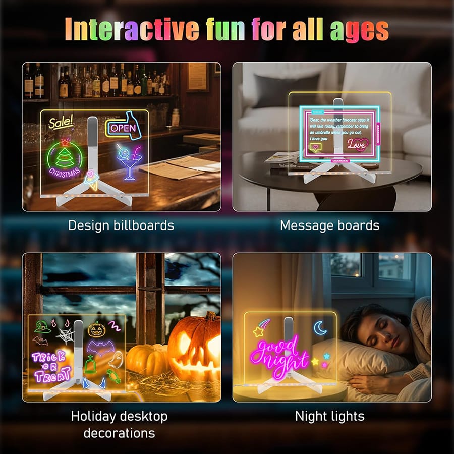 LED Light-up Acrylic Dry Erase Board with Markers | Colorful DIY Notes & Erasable Neon Pens 15x15 Cm