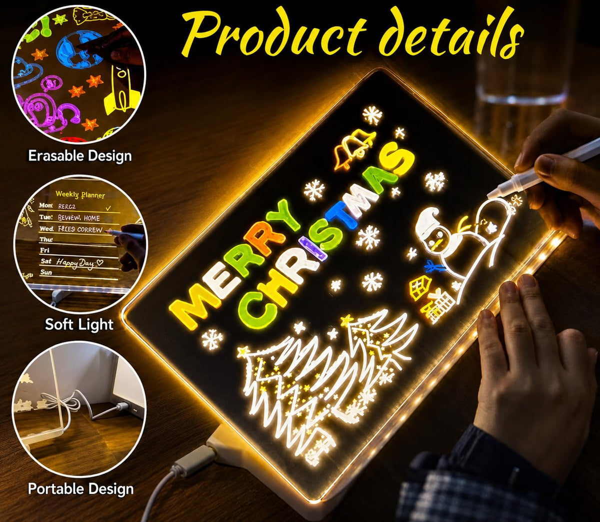 LED Light-up Acrylic Dry Erase Board with Markers | Colorful DIY Notes & Erasable Neon Pens 15x15 Cm