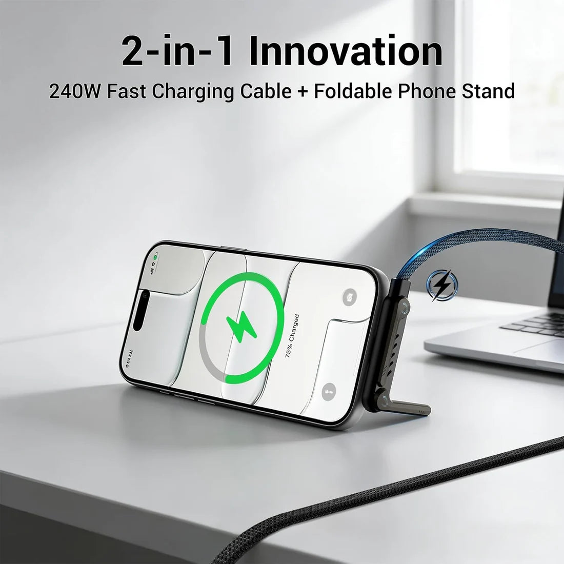240W Folding Phone Holder With Right Angle Fast Charging Cable - Electronic Accessory Designed For Device Support And Daily Charging Routine