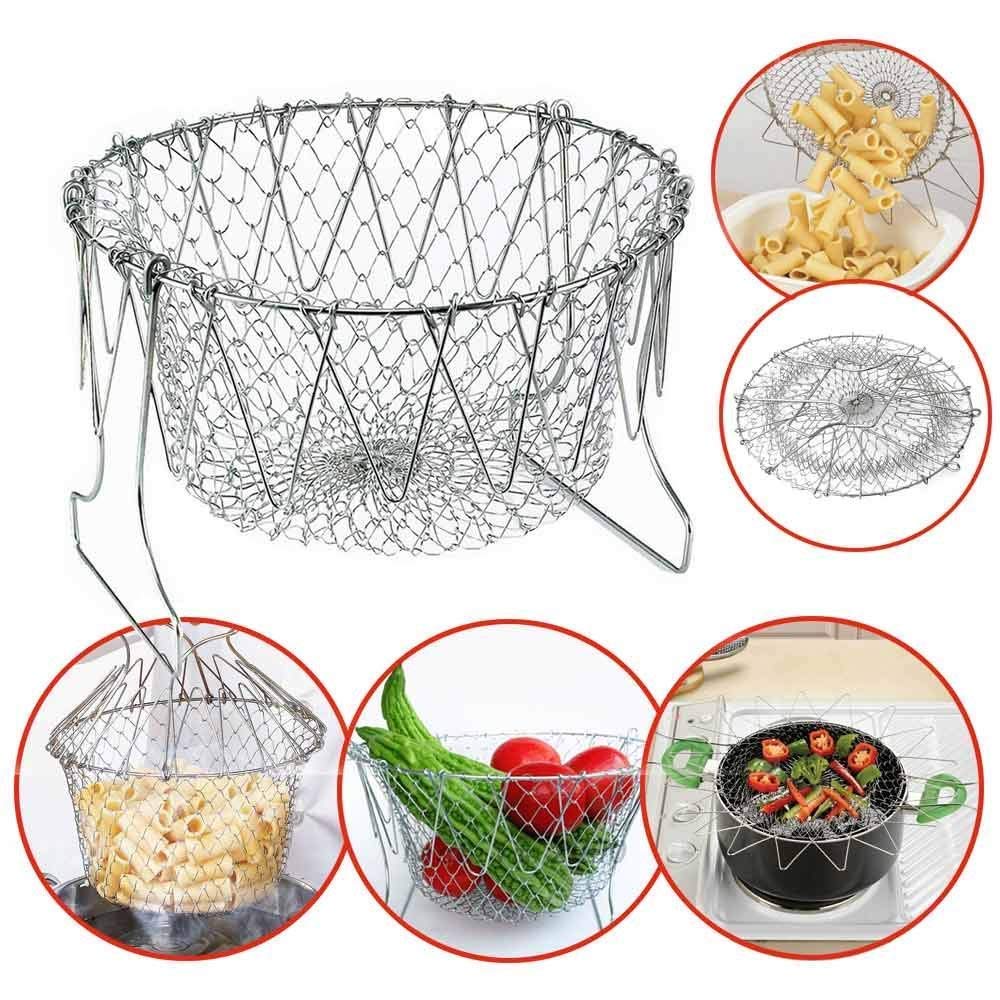 Stainless Steel Multi-Functional Foldable Chef Basket – Deluxe Kitchen Colander, Mesh Steam, Rinse, Strain & Fry Basket
