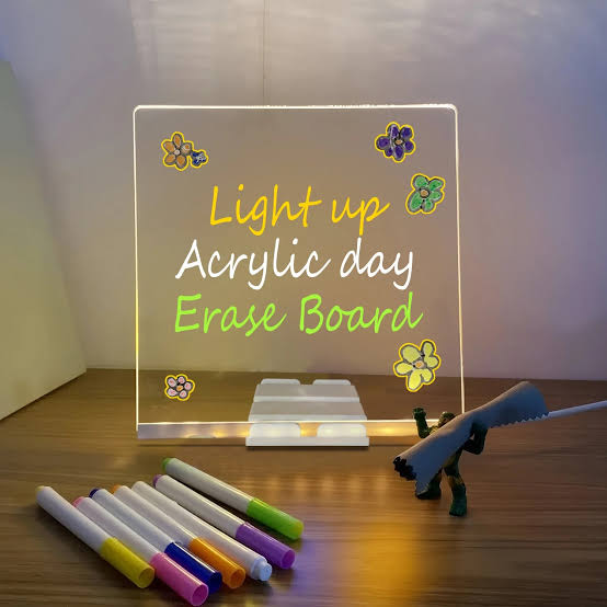 LED Light-up Acrylic Dry Erase Board with Markers | Colorful DIY Notes & Erasable Neon Pens 15x15 Cm